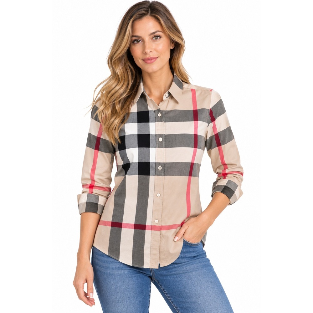 Burberry BRIT women's Large (USA S-M) Beige Black Pink Plaid Button-Down Shirt - Picture 3 of 11